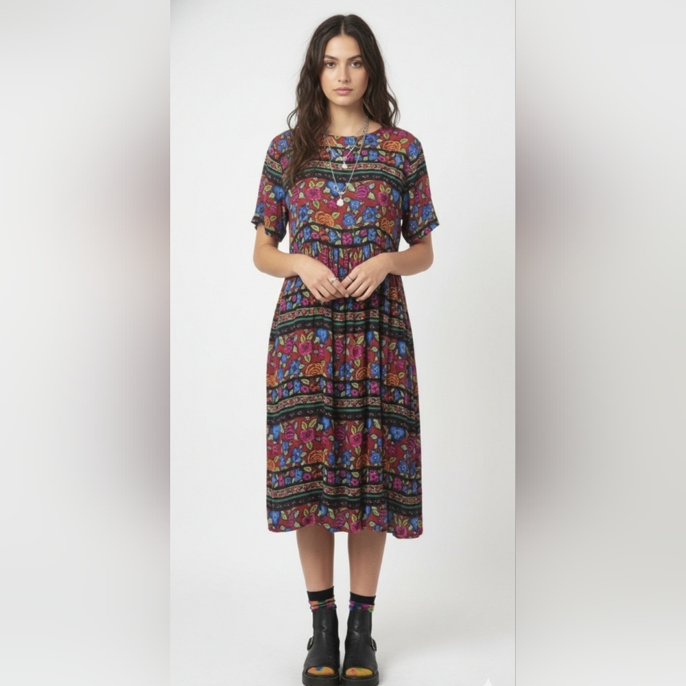 Vintage Bryn Connelly Dress Black Blue Floral Peasant Boho S